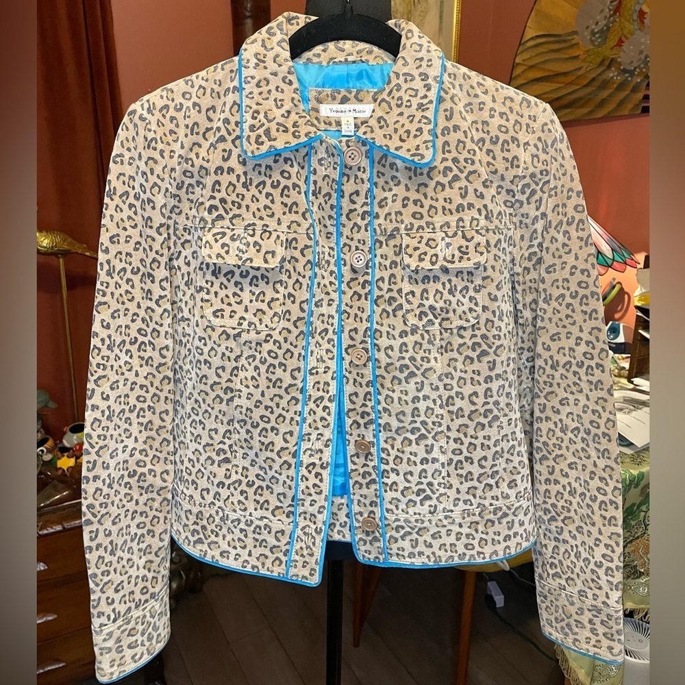 Yvonne & Marie Y2K vintage leopard print leather jacket with turquoise blue trim